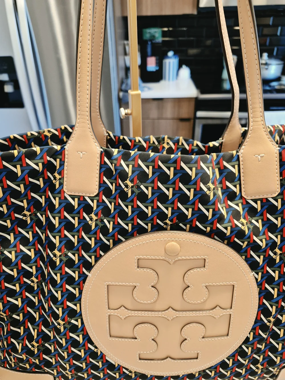 Tory Burch Beige-Trim Multicolor Woven Tote
